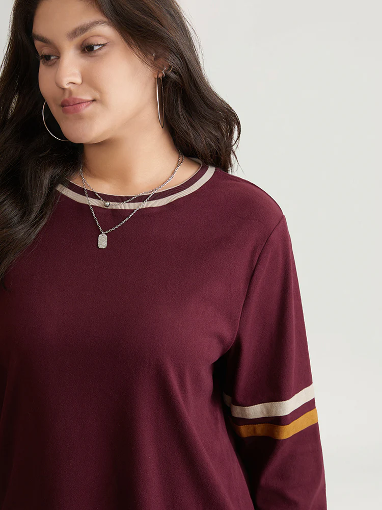 Striped Contrast Round Neck Rib Knit Sweatshirt - Image 4