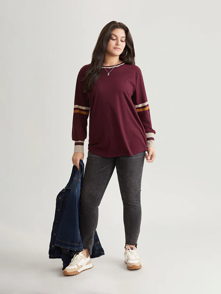 Striped Contrast Round Neck Rib Knit Sweatshirt - Image 5