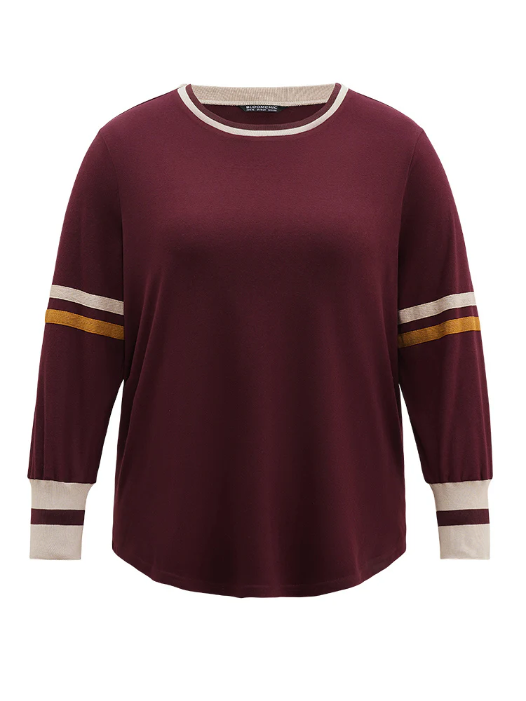 Striped Contrast Round Neck Rib Knit Sweatshirt - Image 6