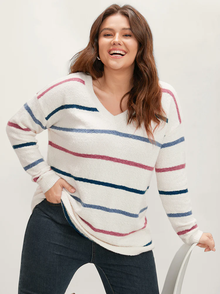 Striped Contrast Super Soft Knit V Neck Fluffy Knit Top - Image 3