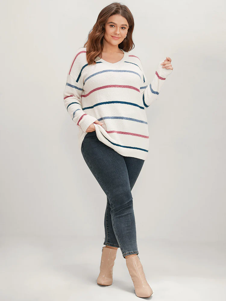 Striped Contrast Super Soft Knit V Neck Fluffy Knit Top - Image 4
