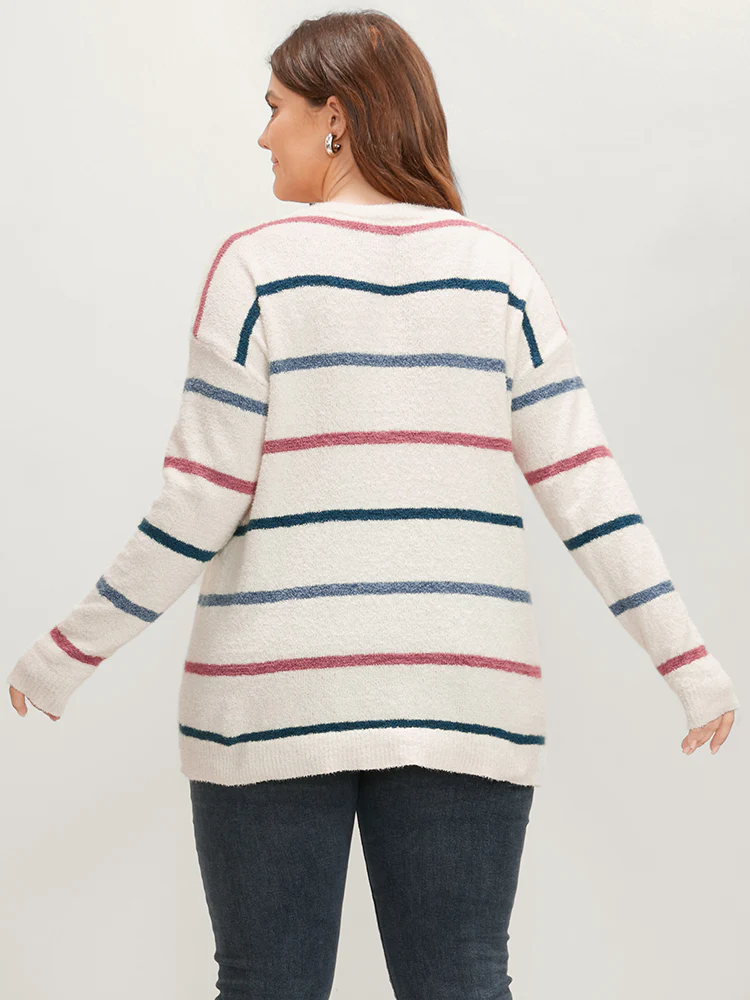 Striped Contrast Super Soft Knit V Neck Fluffy Knit Top - Image 5