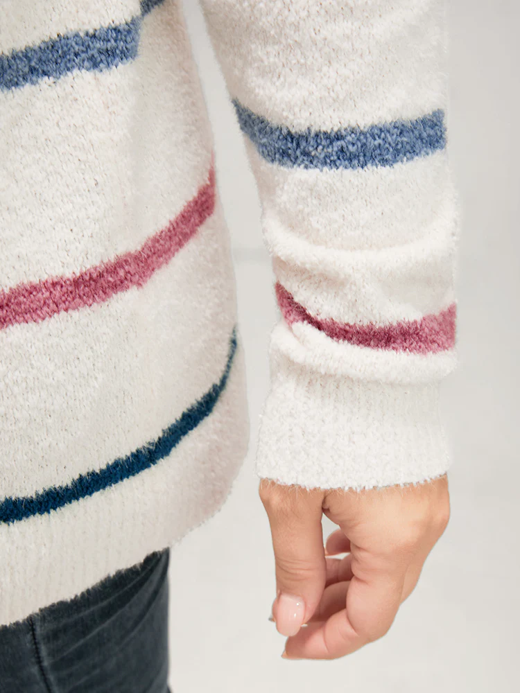 Striped Contrast Super Soft Knit V Neck Fluffy Knit Top - Image 6
