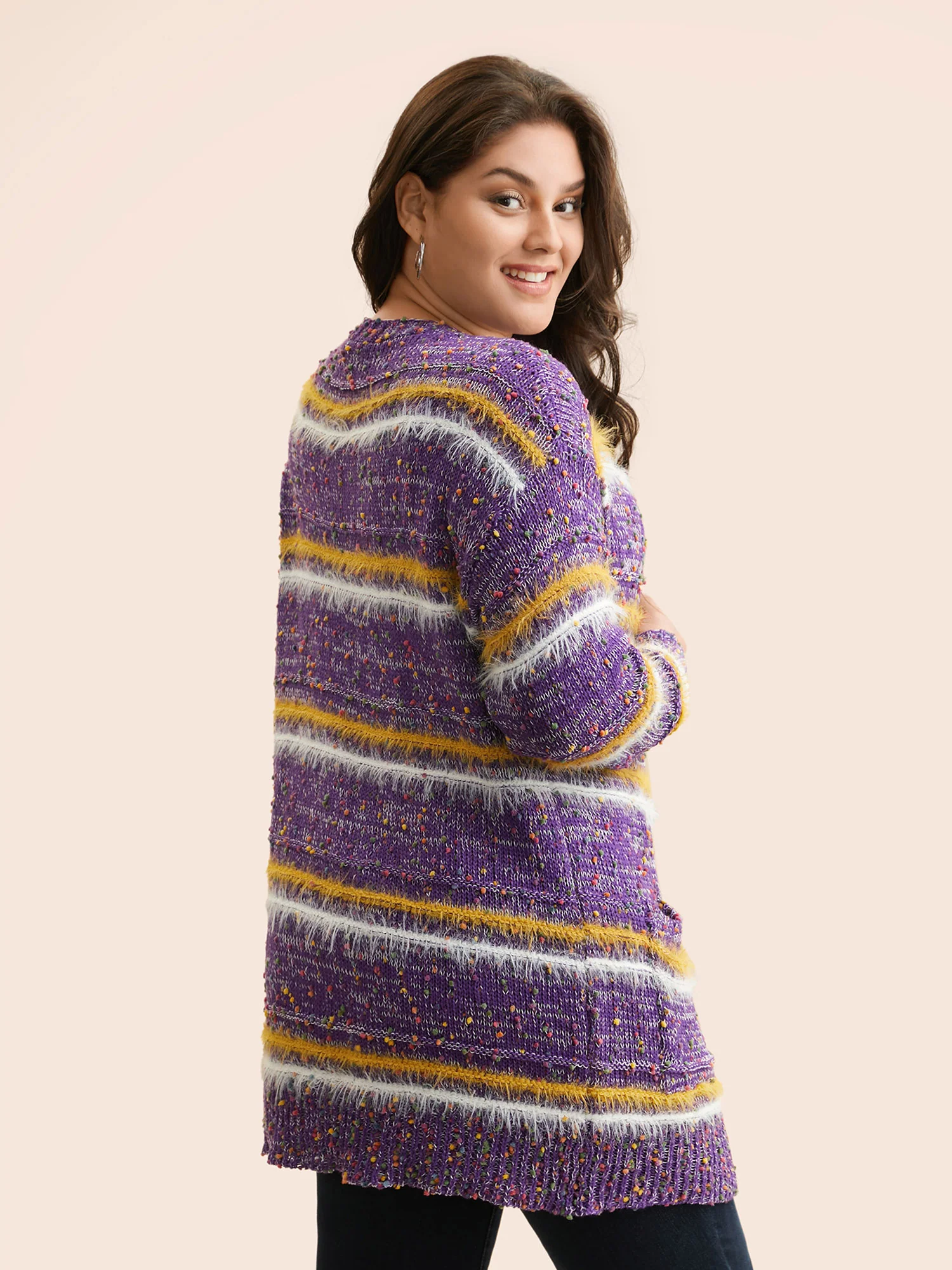 Striped Contrast Texture Fluffy Cardigan - Image 2