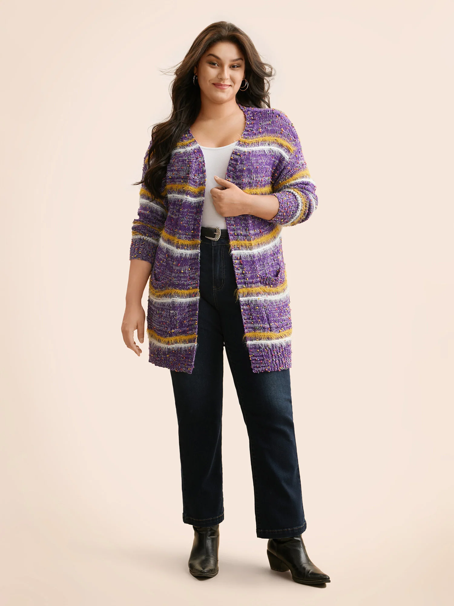 Striped Contrast Texture Fluffy Cardigan - Image 3