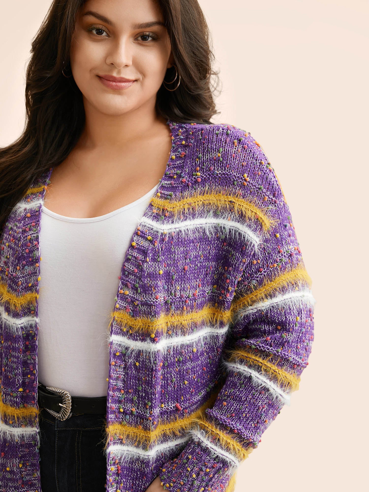 Striped Contrast Texture Fluffy Cardigan - Image 4