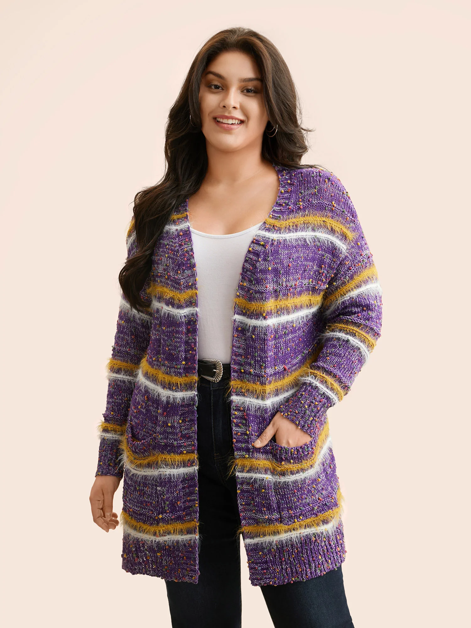 Striped Contrast Texture Fluffy Cardigan - Image 5