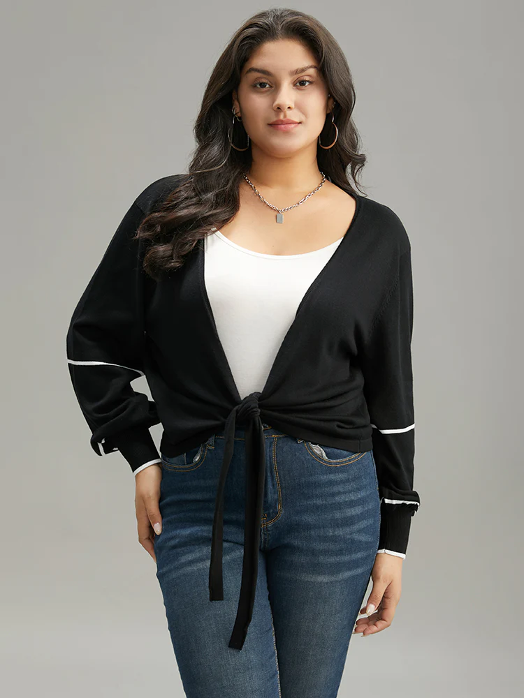 Supersoft Essentials Striped Contrast Ties Lantern Sleeve Cardigan - Image 3