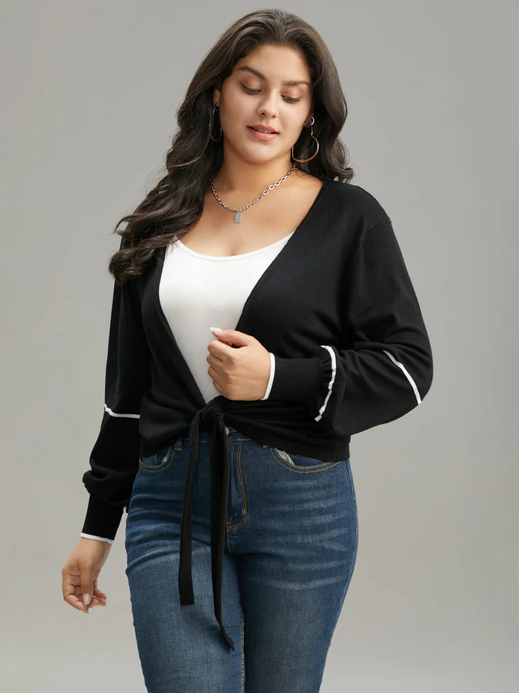 Supersoft Essentials Striped Contrast Ties Lantern Sleeve Cardigan - Image 4