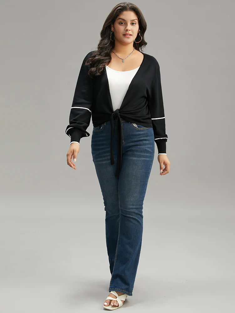 Supersoft Essentials Striped Contrast Ties Lantern Sleeve Cardigan - Image 5