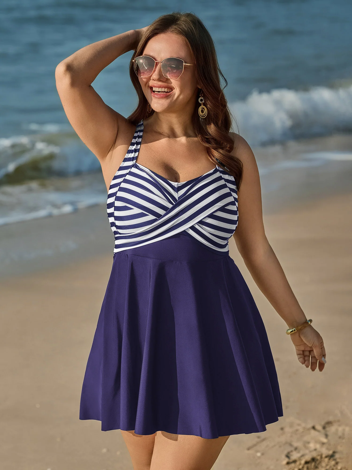 Striped Contrast Twist Front Swim Dress - Image 12