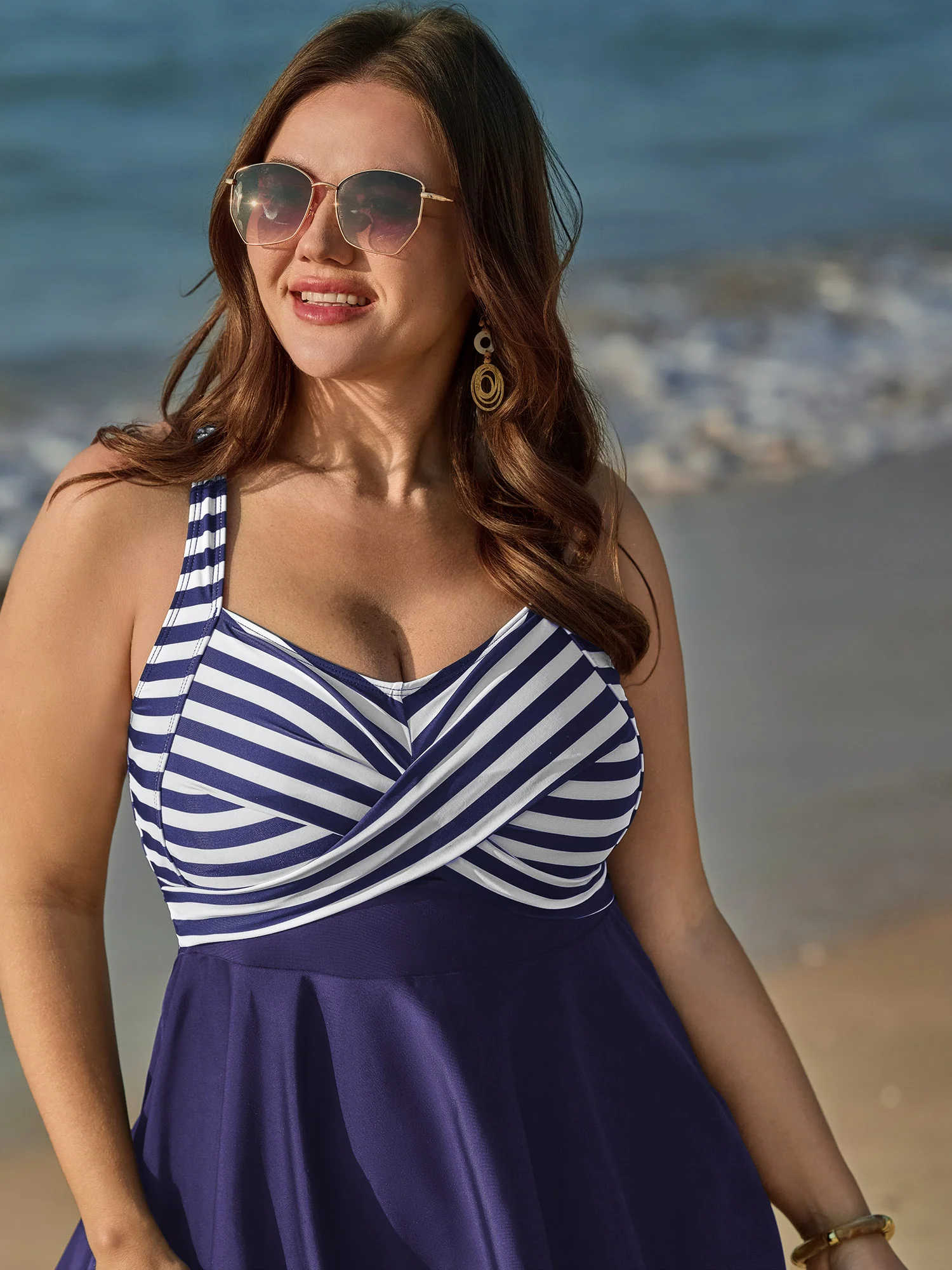 Striped Contrast Twist Front Swim Dress - Image 13