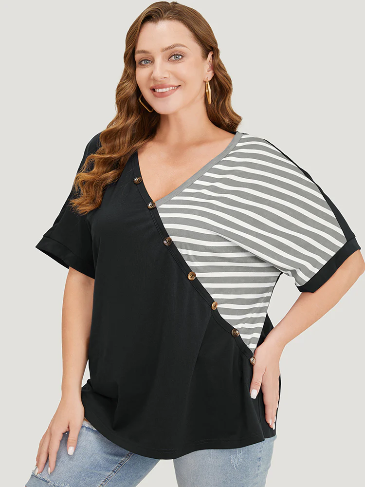 Striped Contrast Wrap Batwing Sleeve Patchwork T-shirt - Image 2