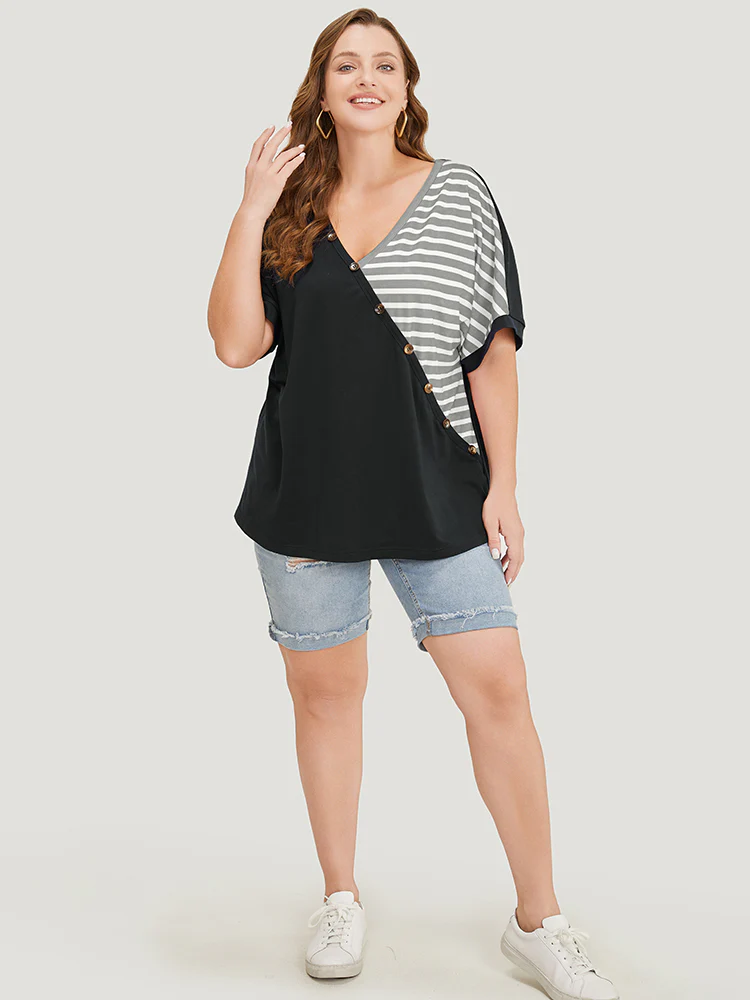 Striped Contrast Wrap Batwing Sleeve Patchwork T-shirt - Image 3