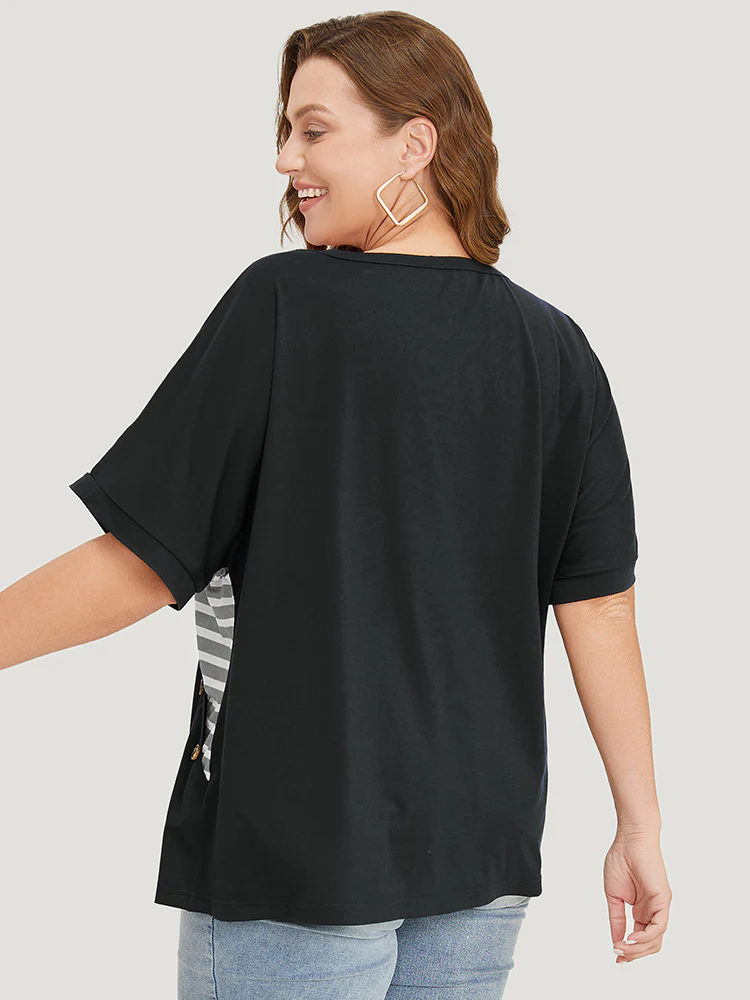 Striped Contrast Wrap Batwing Sleeve Patchwork T-shirt - Image 4