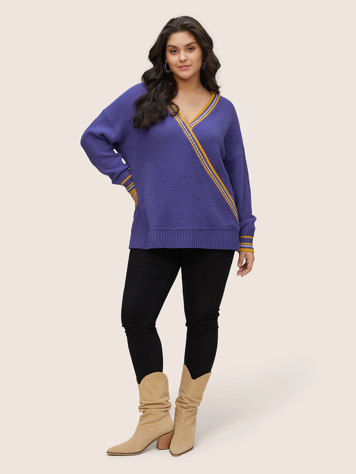 Striped Contrast Wrap Knit Pullover - Image 3