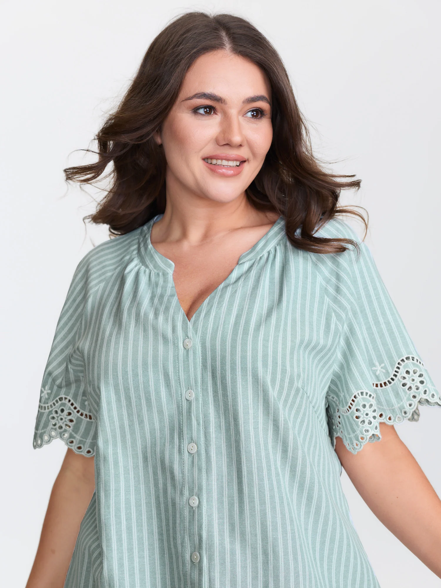 Striped Cut-Out Embroidery Blouse - Image 2
