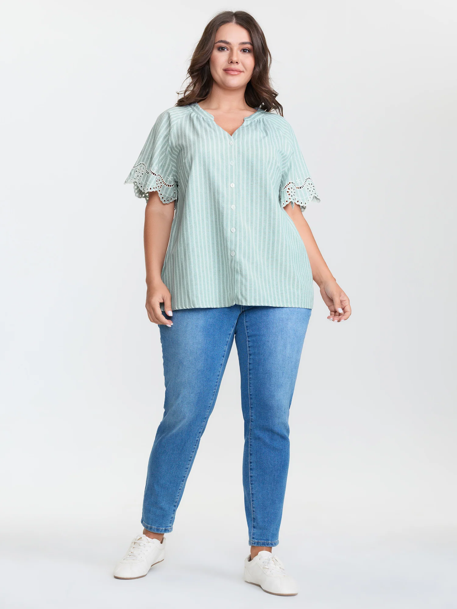 Striped Cut-Out Embroidery Blouse - Image 3