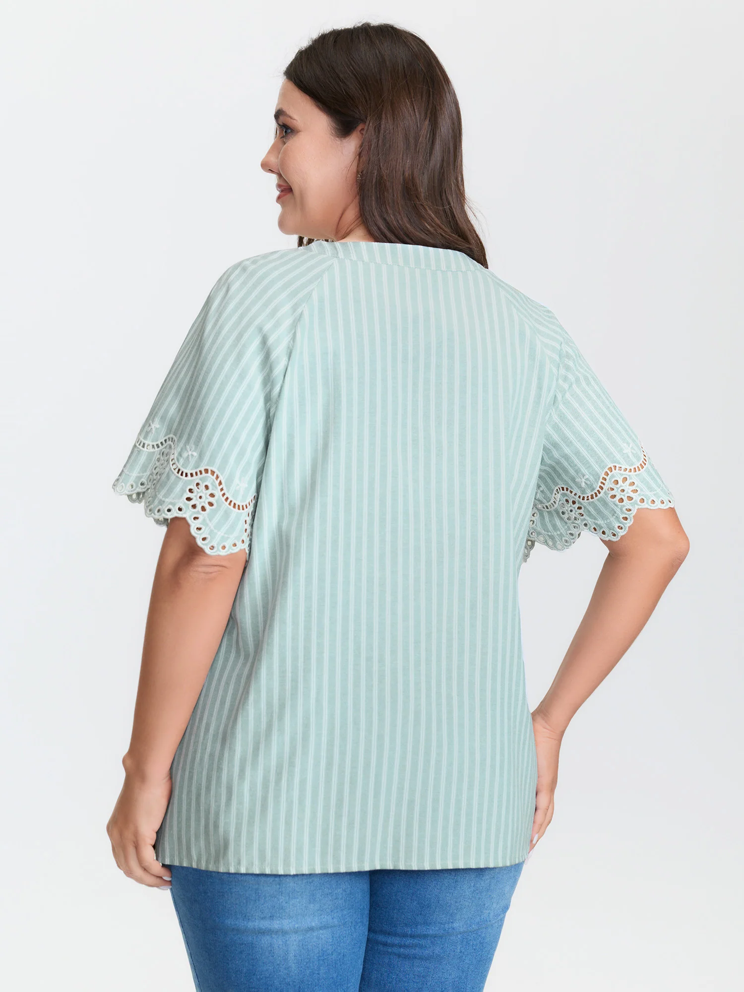 Striped Cut-Out Embroidery Blouse - Image 5