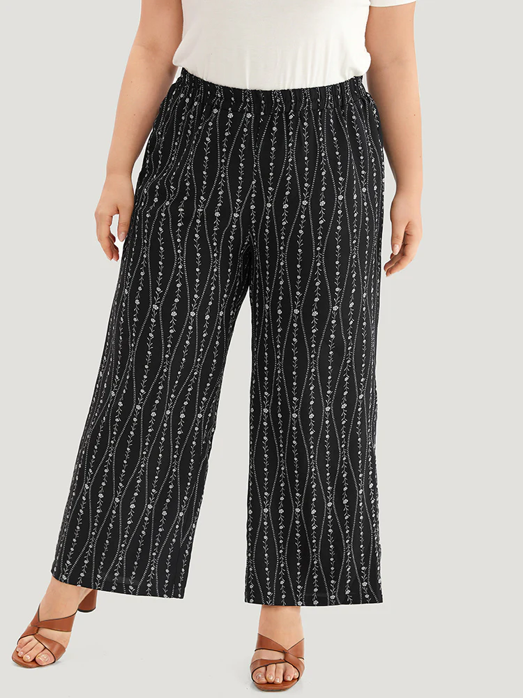 Striped Ditsy Floral Elastic Waist Pants - Image 2