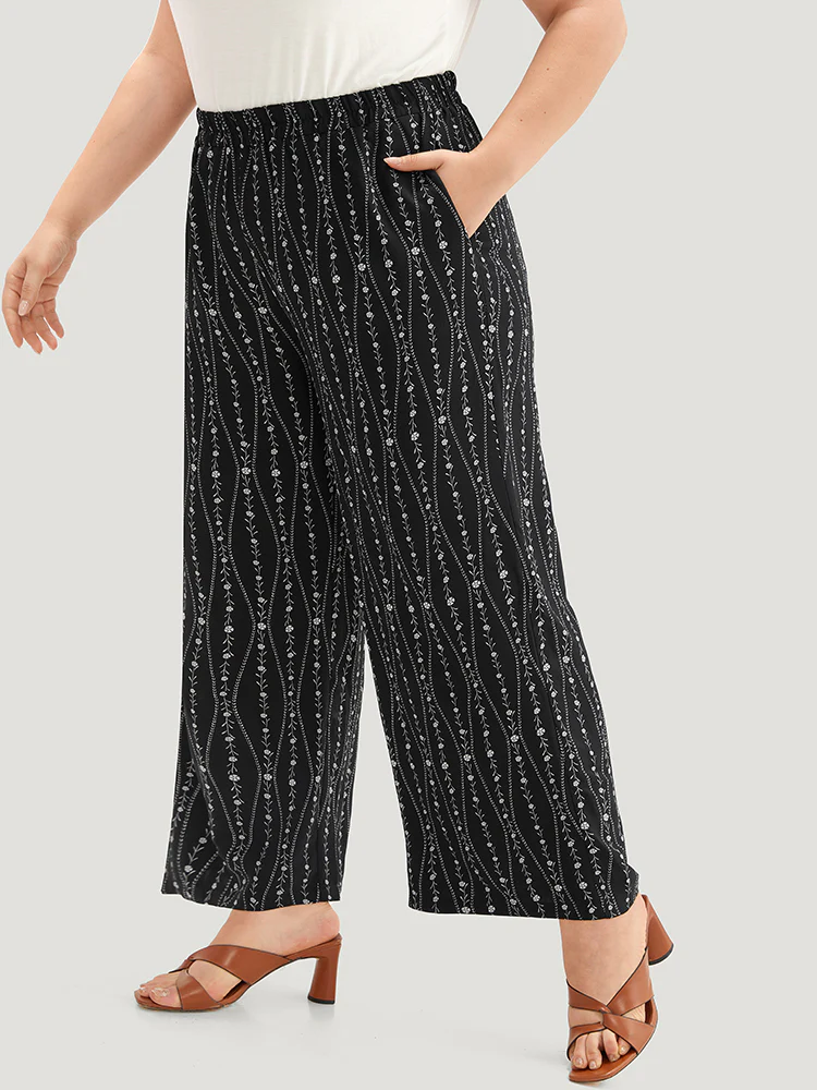 Striped Ditsy Floral Elastic Waist Pants - Image 3
