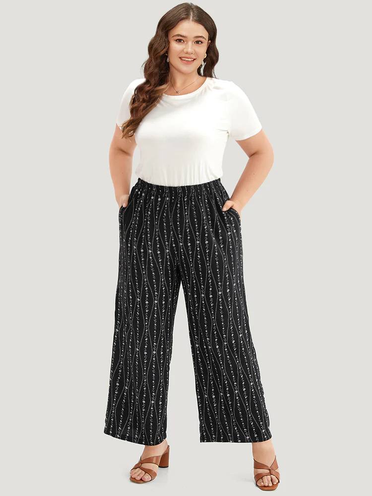 Striped Ditsy Floral Elastic Waist Pants - Image 4
