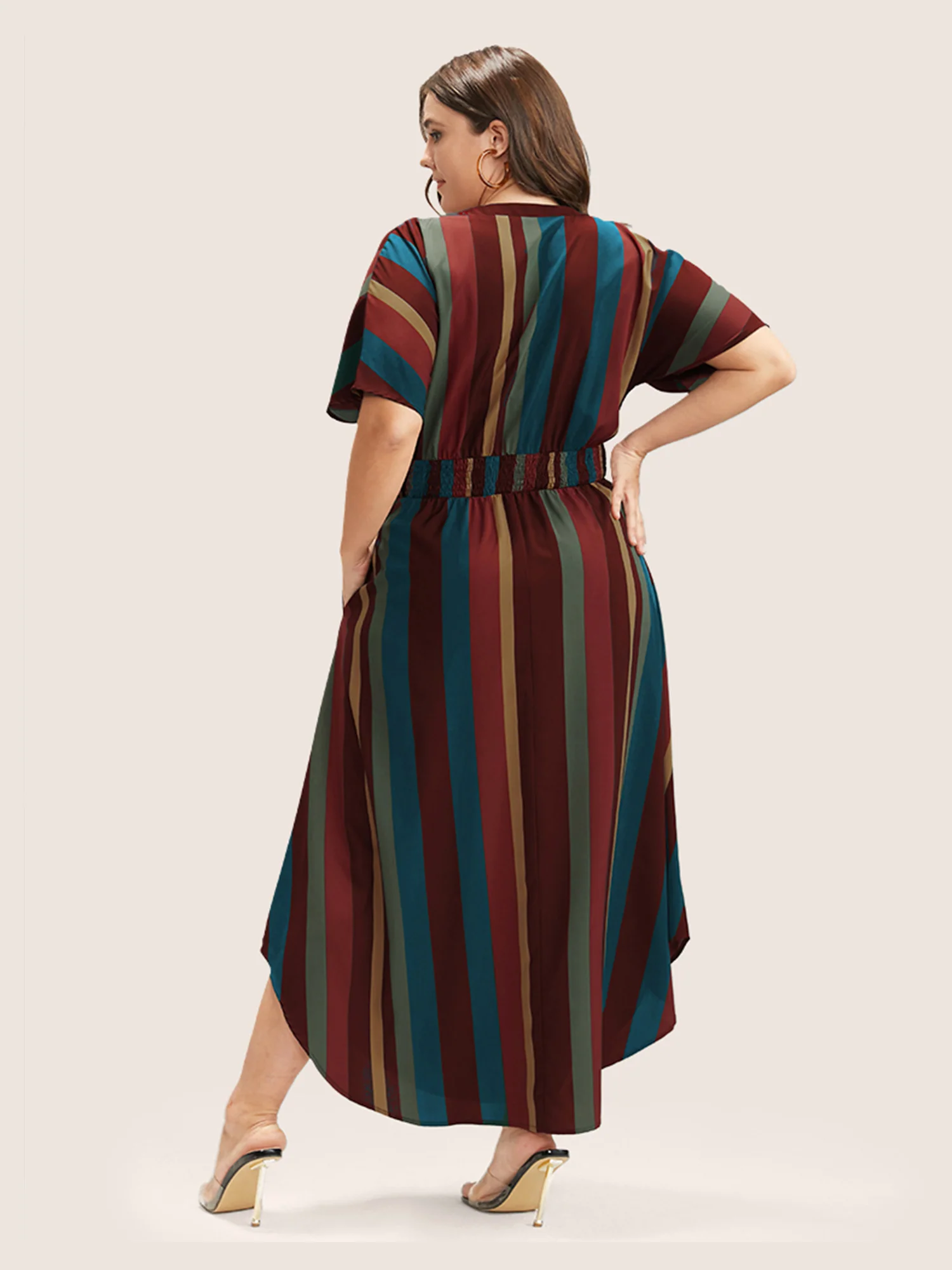 Striped Dolman Sleeve  Pocket Shirred Flutter Wrap Dress - Image 2