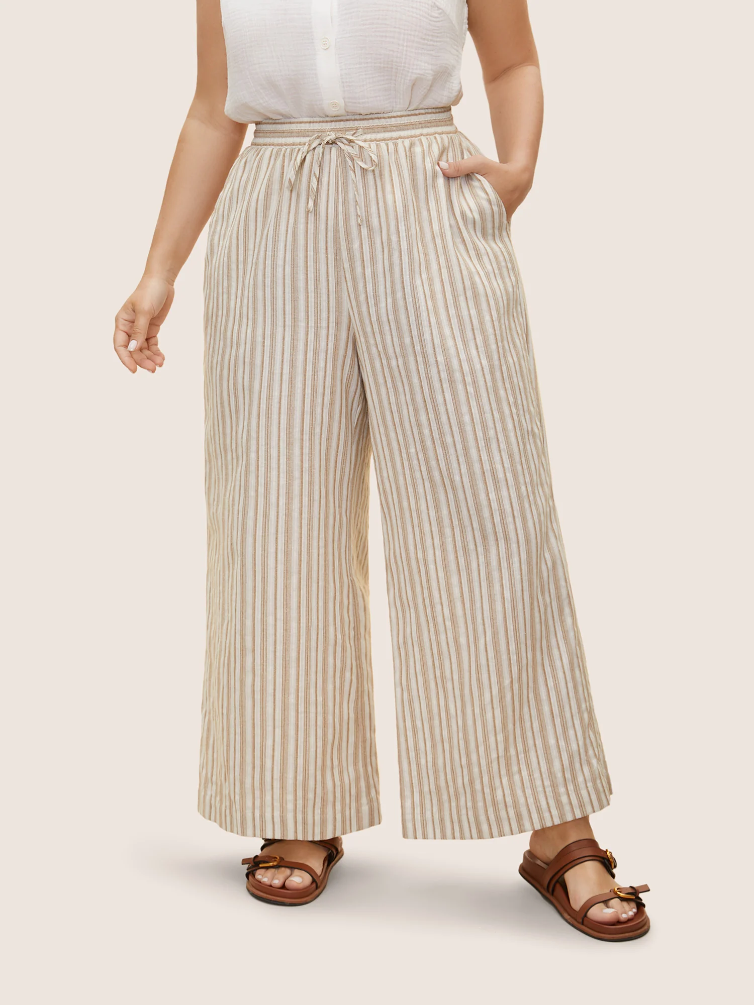 Striped Drawstring Mid Rise Wide Leg Pants - Image 2