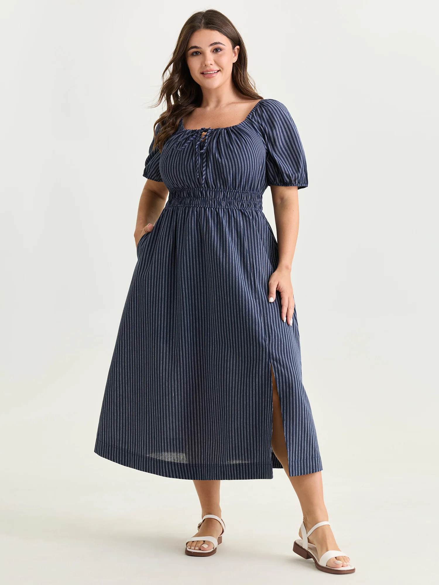 Striped Drawstring Neckline Split Hem Midi Dress