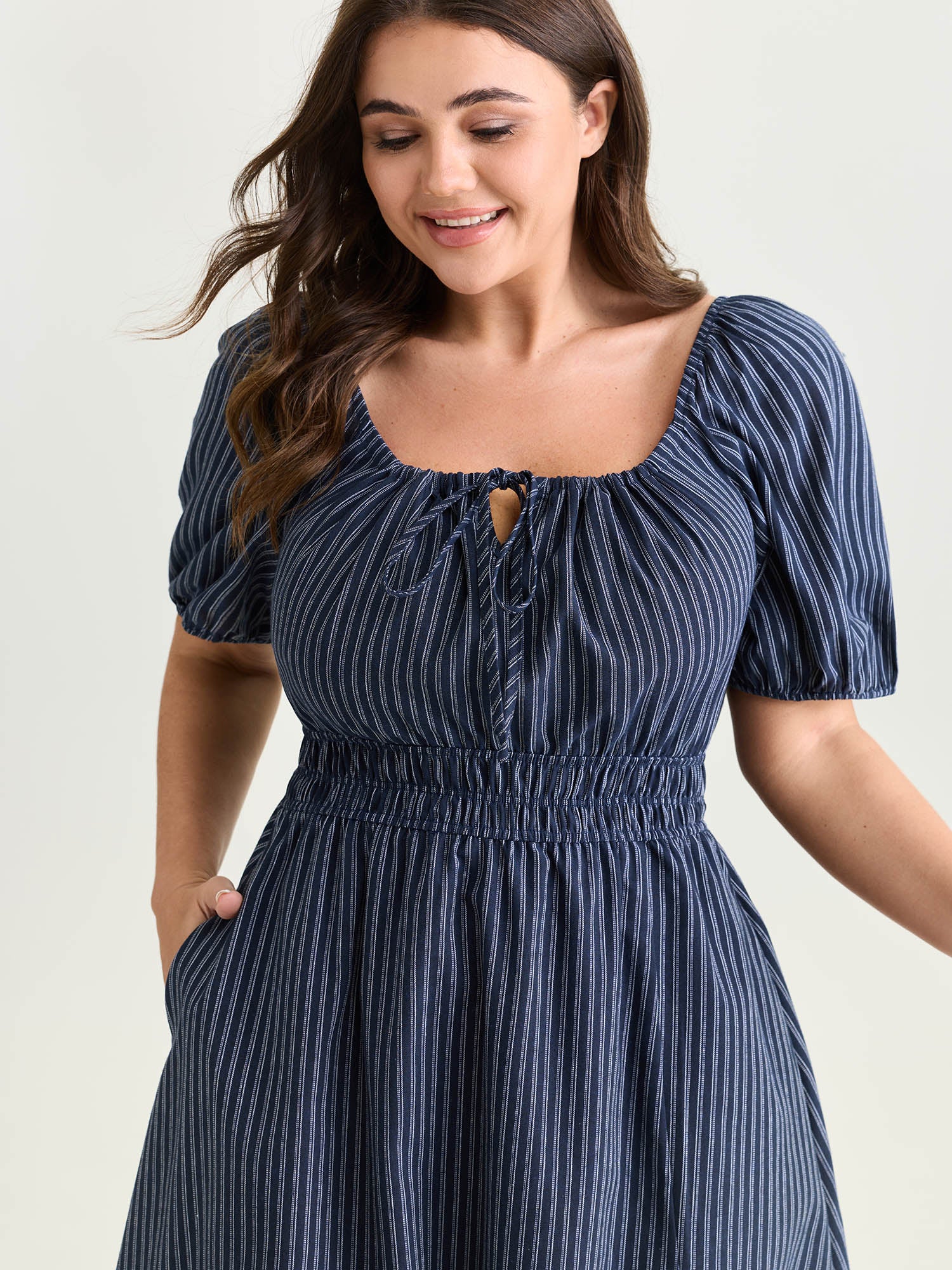 Striped Drawstring Neckline Split Hem Midi Dress - Image 2