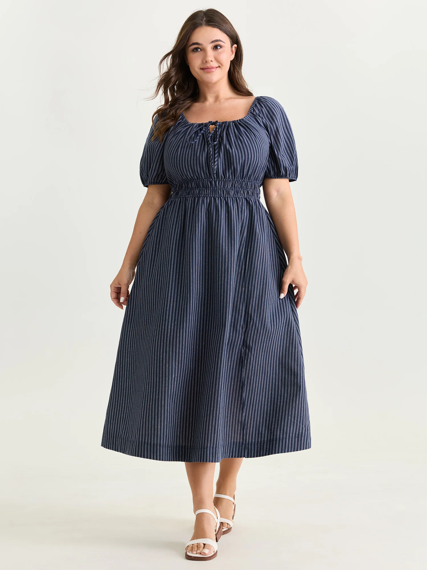 Striped Drawstring Neckline Split Hem Midi Dress - Image 3