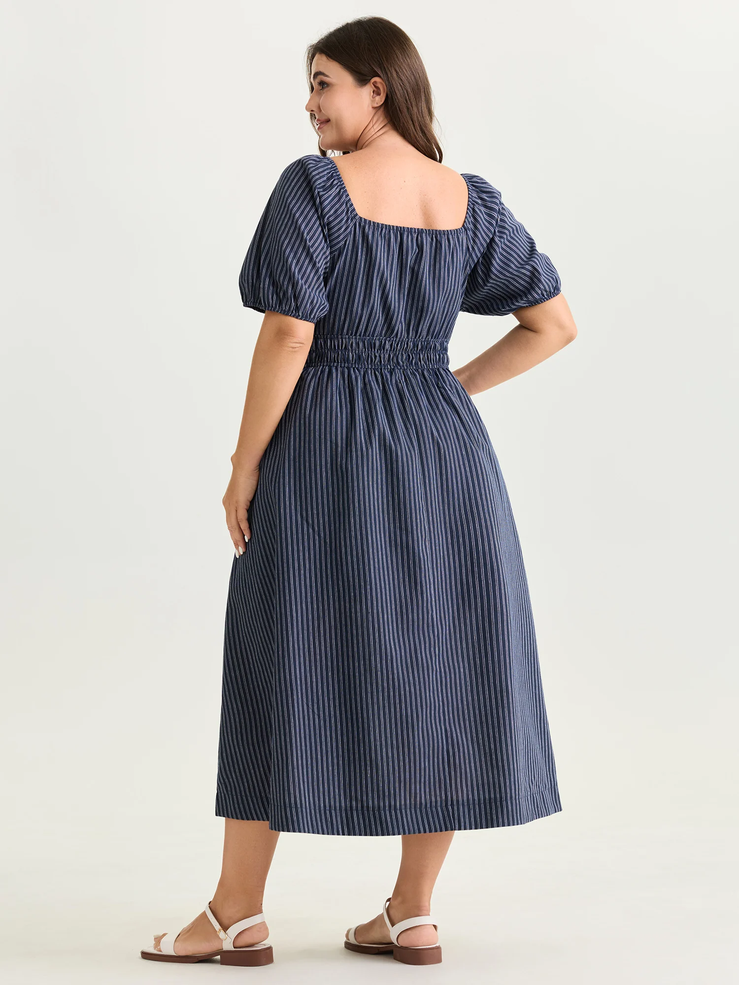 Striped Drawstring Neckline Split Hem Midi Dress - Image 4
