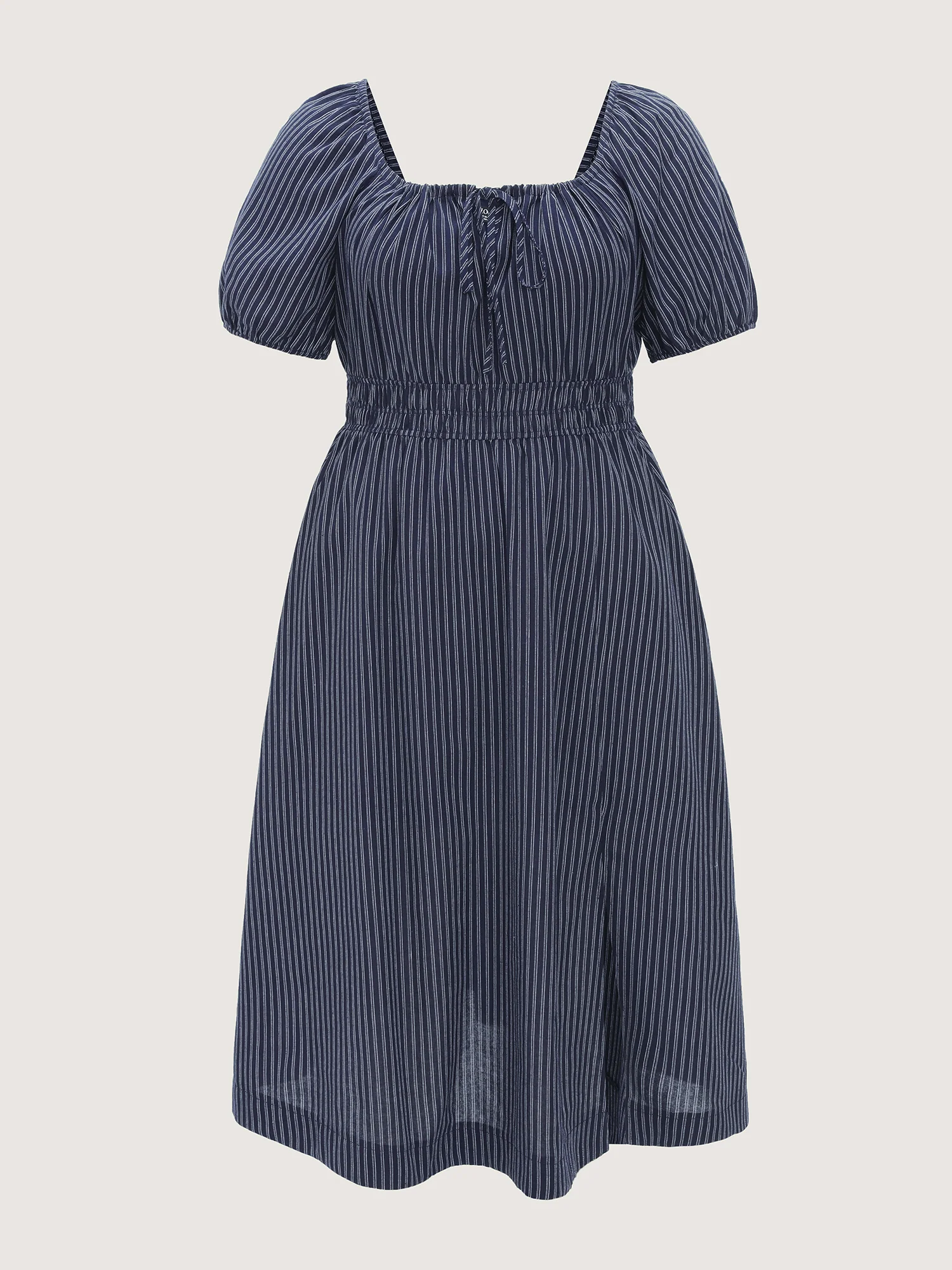 Striped Drawstring Neckline Split Hem Midi Dress - Image 7