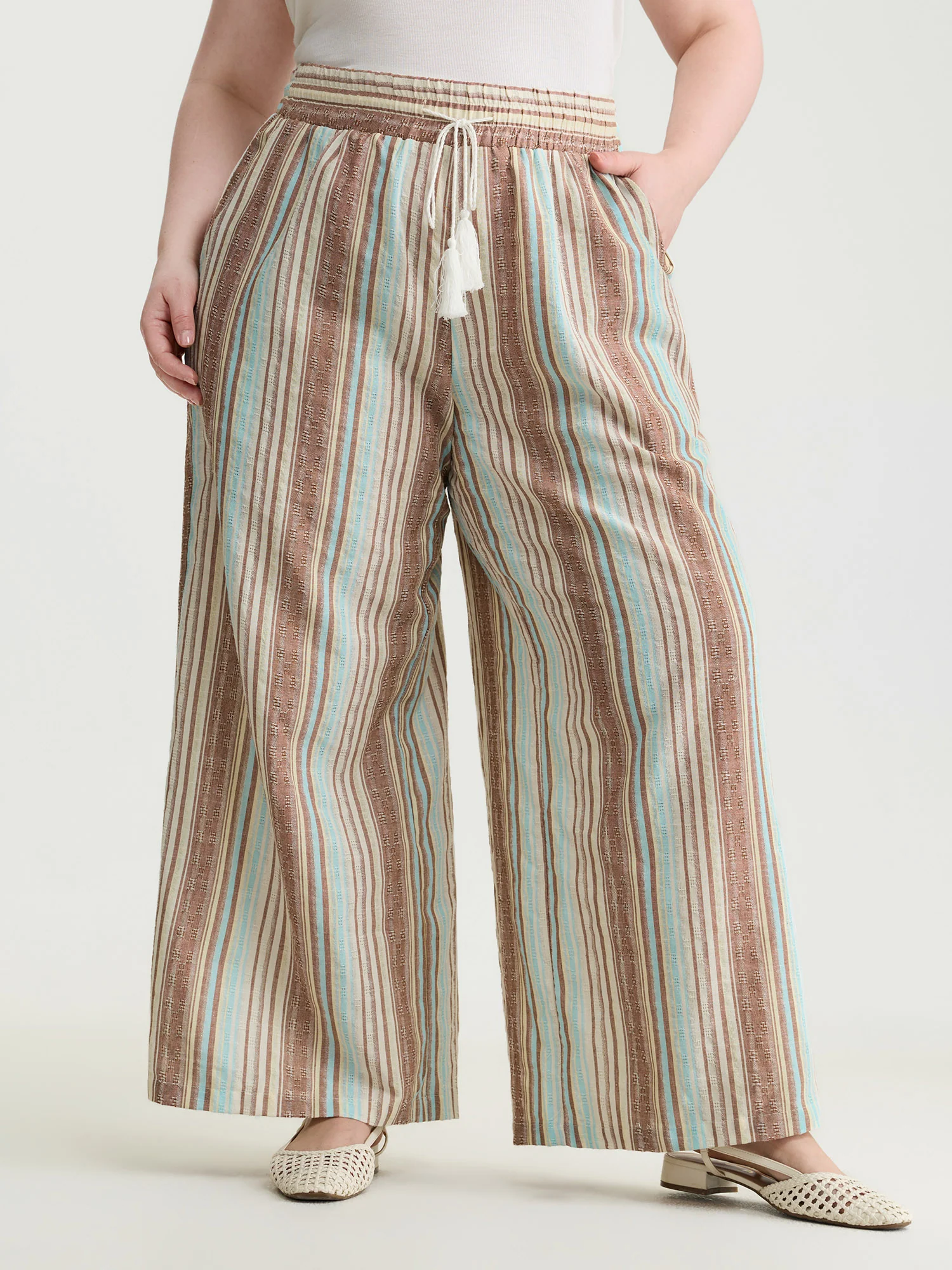 Cotton Striped Drawstring Wide Leg Pants - Image 2