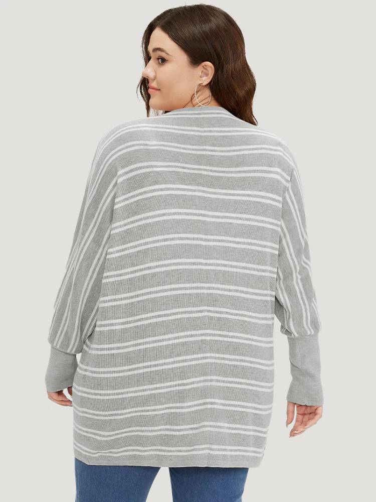 Striped Elastic Cuffs Arc Hem Cardigan - Image 2