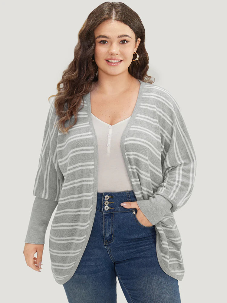 Striped Elastic Cuffs Arc Hem Cardigan - Image 3