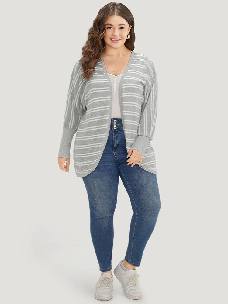Striped Elastic Cuffs Arc Hem Cardigan - Image 4
