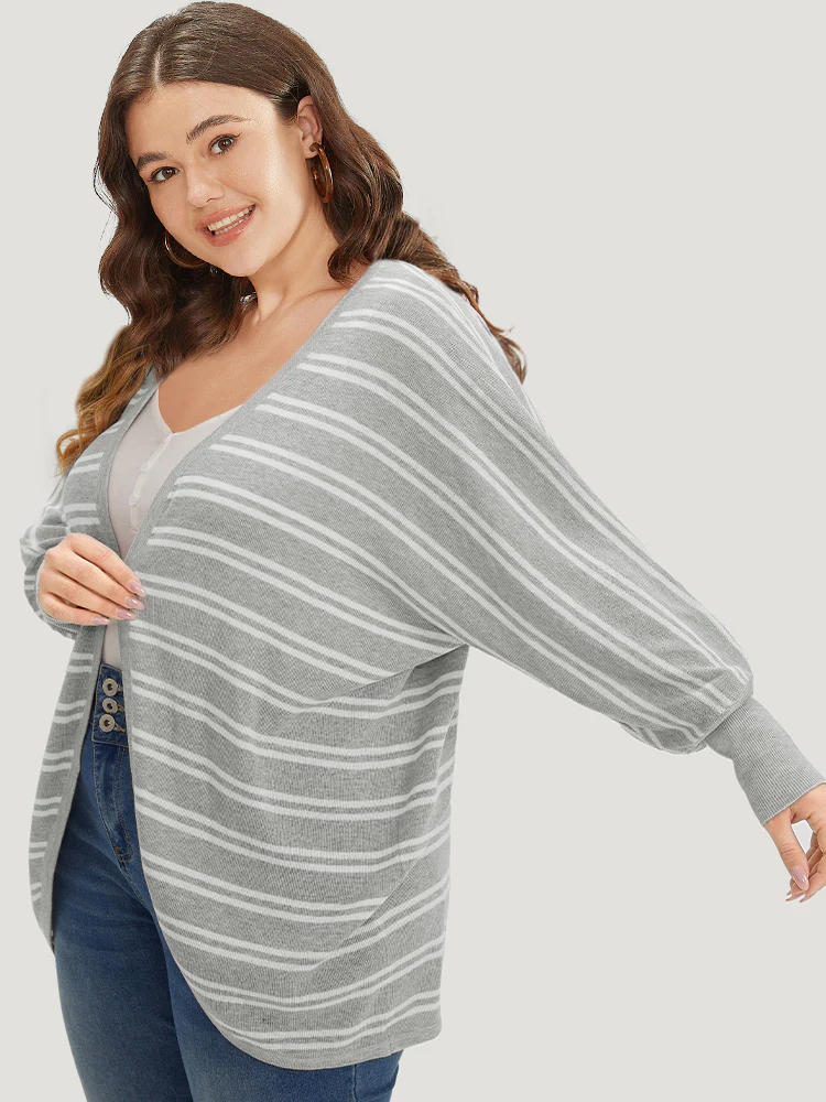 Striped Elastic Cuffs Arc Hem Cardigan - Image 5