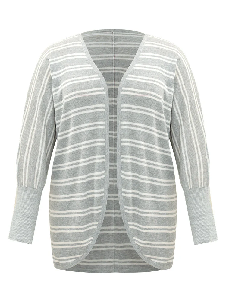 Striped Elastic Cuffs Arc Hem Cardigan - Image 8