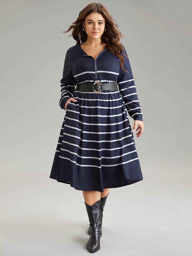 Striped Elastic Waist Pocket Zipper Dress - Image 2