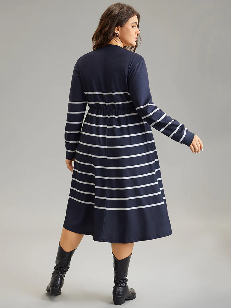 Striped Elastic Waist Pocket Zipper Dress - Image 3