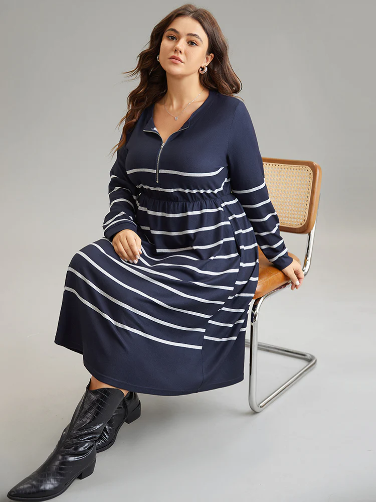 Striped Elastic Waist Pocket Zipper Dress - Image 4