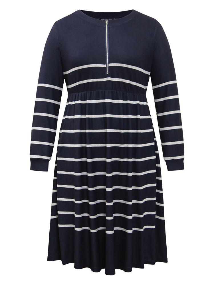 Striped Elastic Waist Pocket Zipper Dress - Image 6