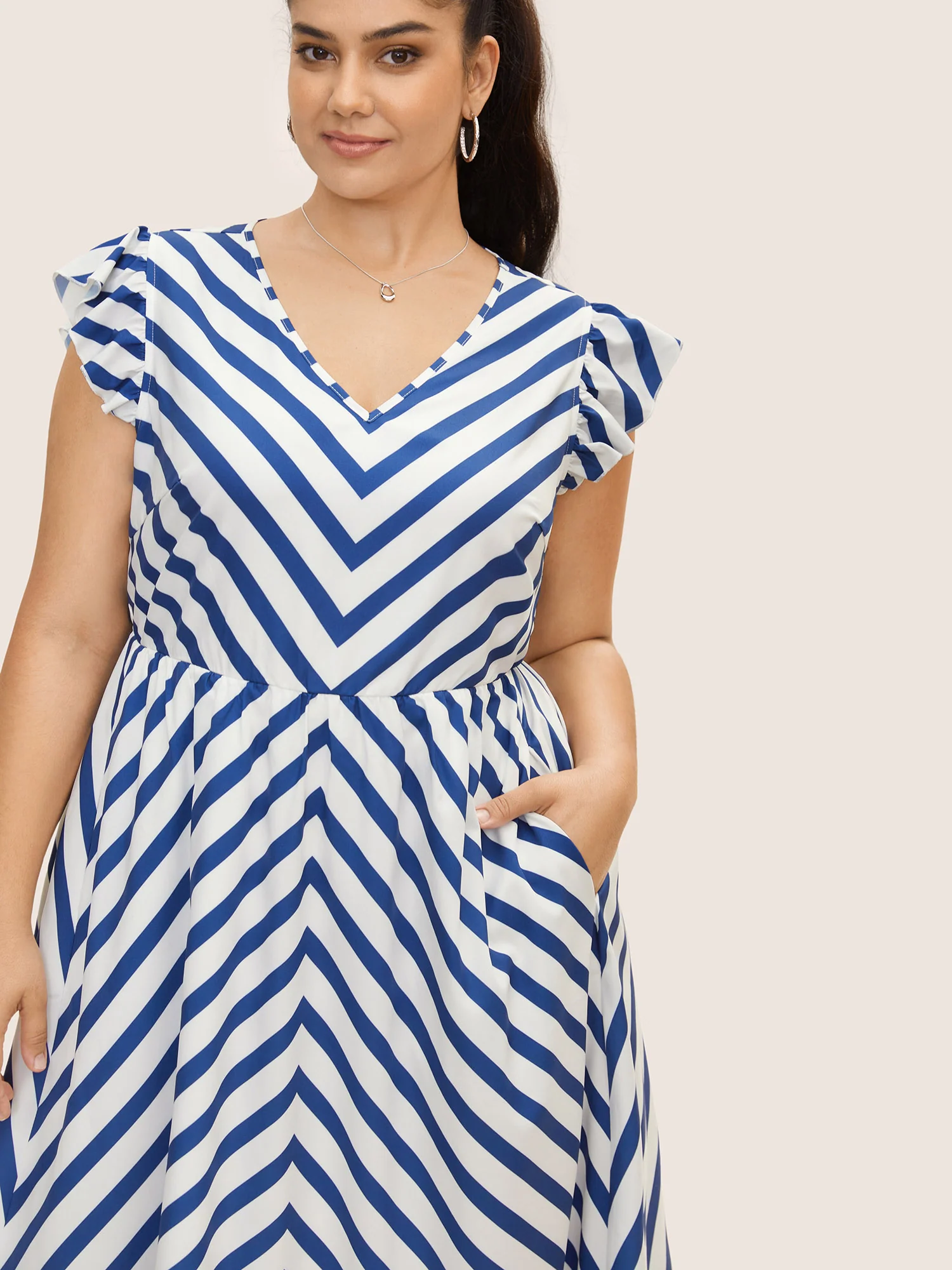 Striped Elastic Waist Ruffle Cap Sleeve Dress - Image 2