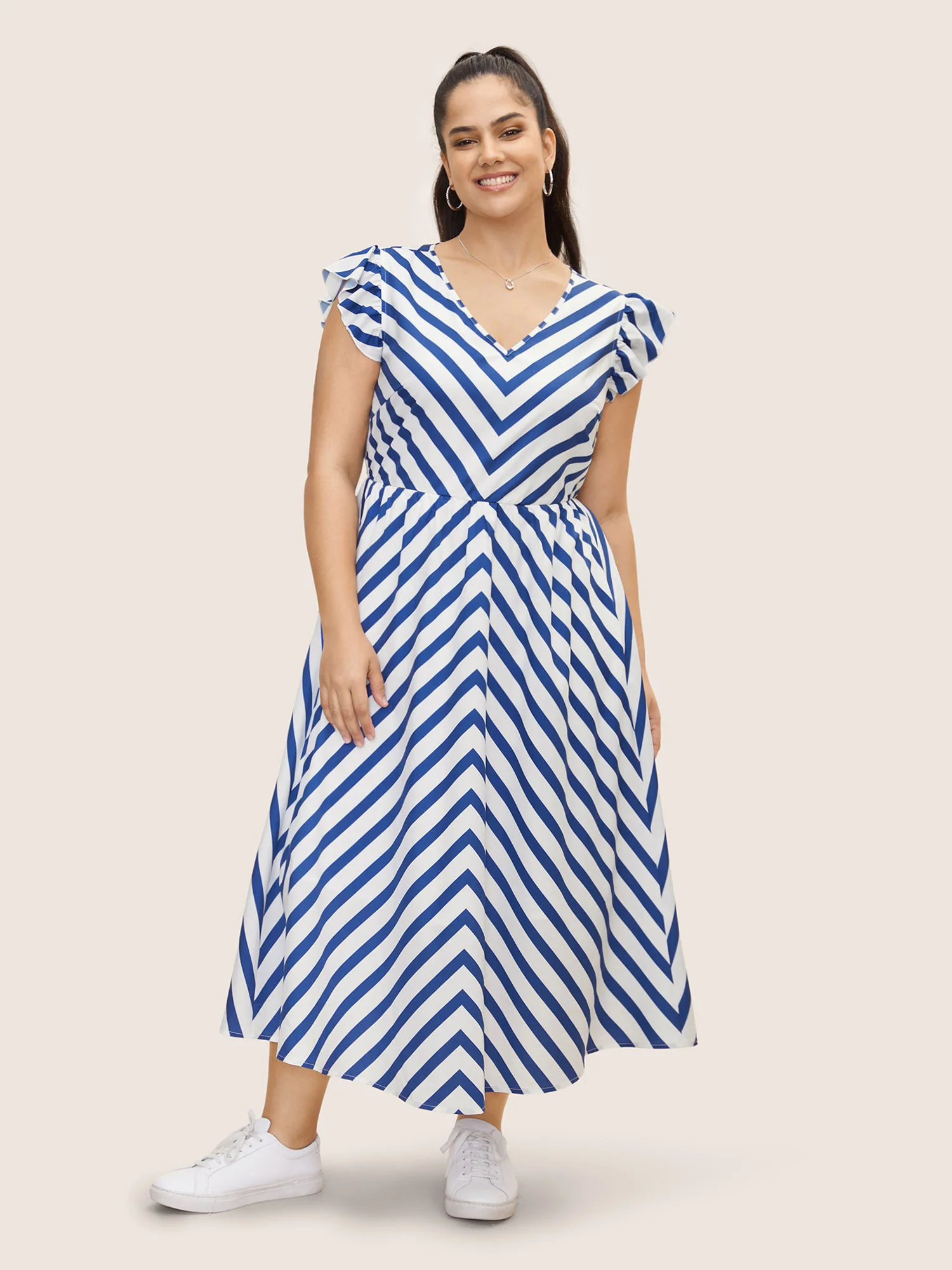 Striped Elastic Waist Ruffle Cap Sleeve Dress - Image 3