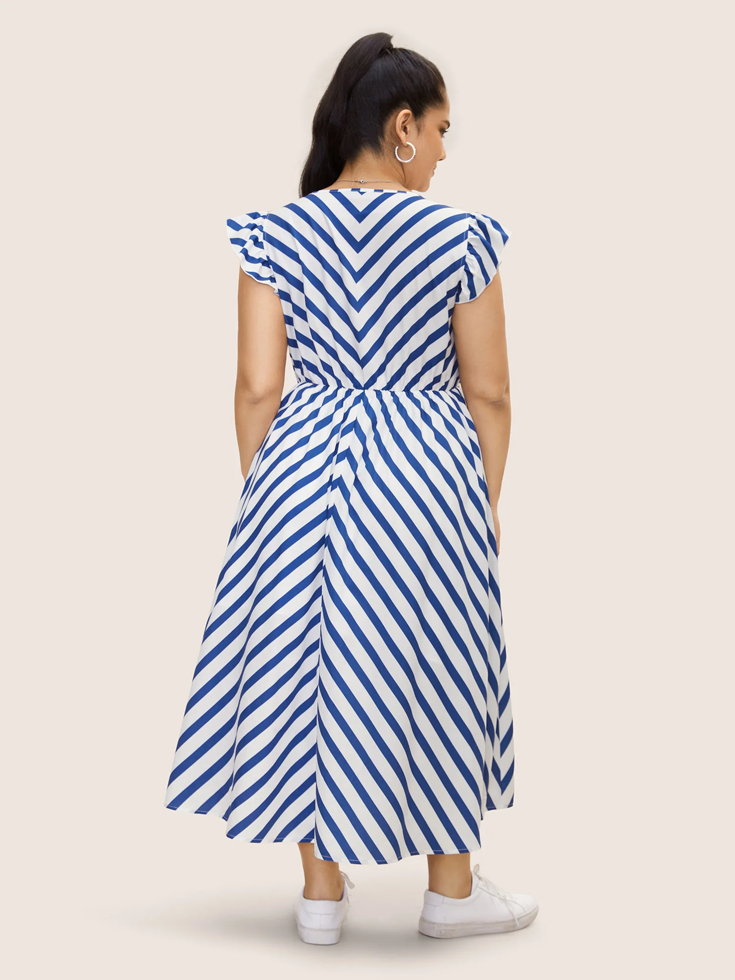 Striped Elastic Waist Ruffle Cap Sleeve Dress - Image 4