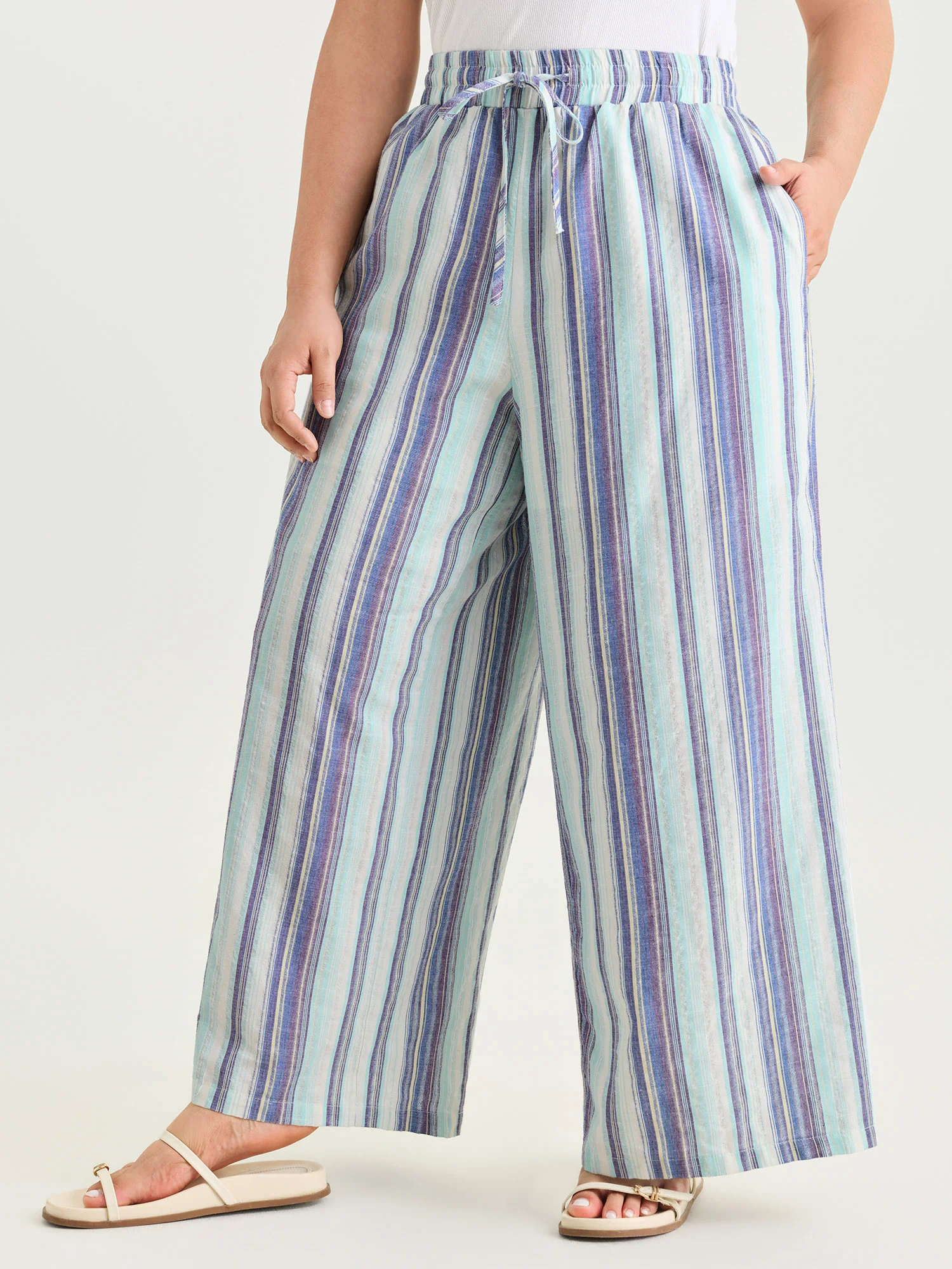 Striped Elastic Waist Wide Leg Pants - Image 2