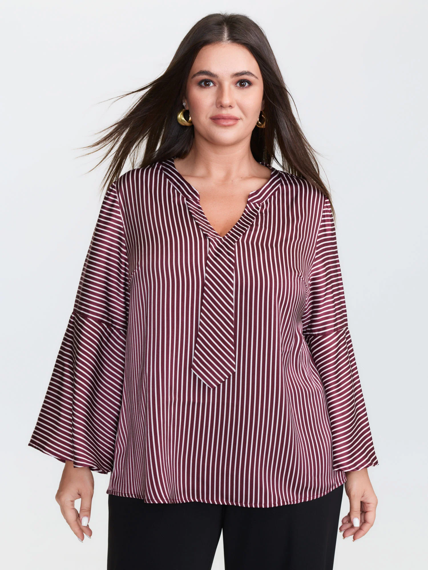 Striped Flared Sleeve Relaxed-Fit Blouse