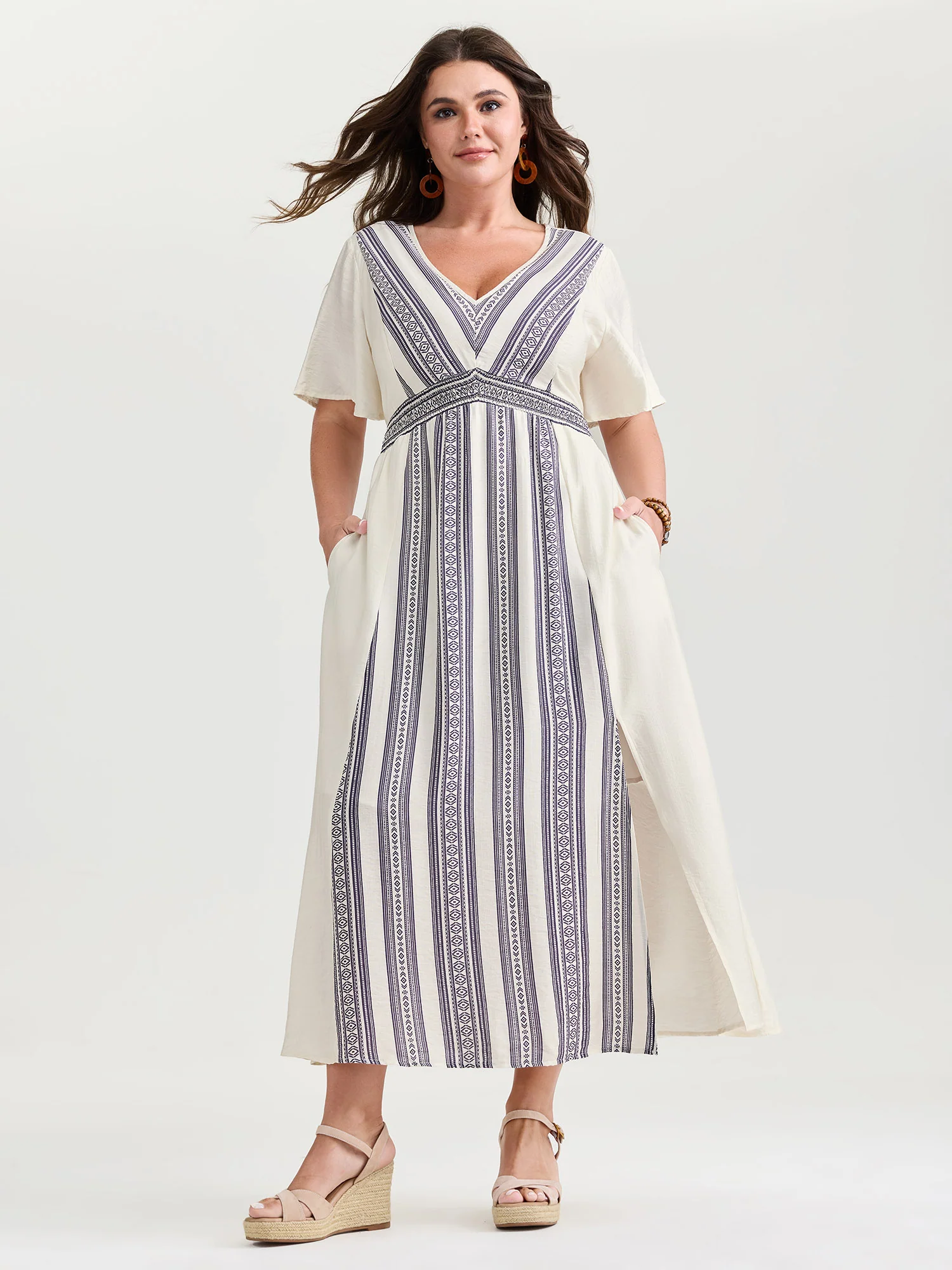 Striped Flared Sleeve V-Neck Maxi Dress - Image 3