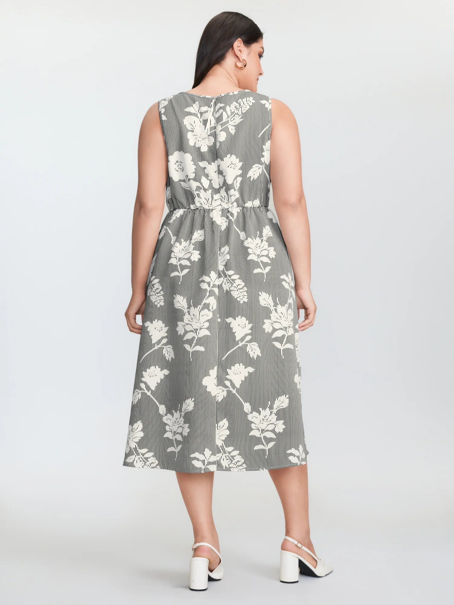 Striped Floral Print Notched Collar Midi Dress - Image 6
